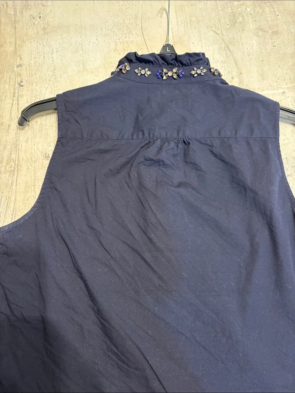 J.Crew Navy Sleeveless Beaded Ruffle-Neck button down